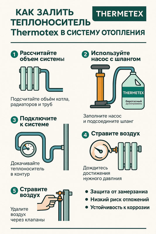Как правильно залить теплоноситель Thermotex в систему отопления